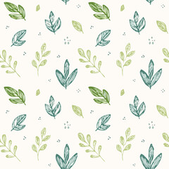 Seamless Hand-Drawn Floral and Leaf Pattern in Crayon Style