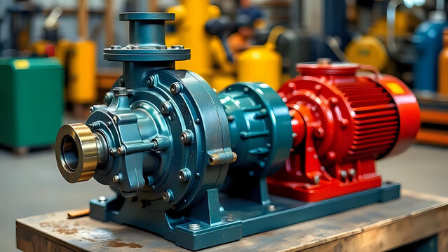 Teal and red industrial pump with an electric motor mounted on a base and placed on a wooden surface in a workshop