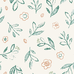 Seamless Hand-Drawn Floral and Leaf Pattern in Crayon Style