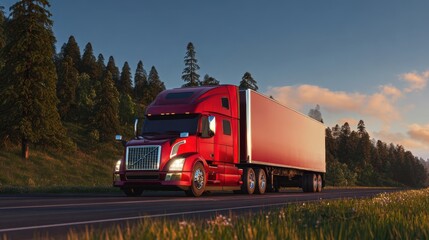 The red truck driving along a scenic highway surrounded by nature.