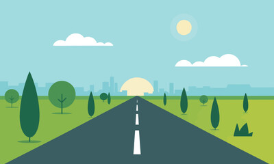 Endless Straight Pathway - Idyllic Rural Summer Travel Illustration