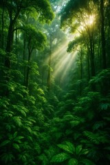 Sunlit Canopy in the Verdant Woods: A breathtaking image captures sunlight streaming through the canopy of an expansive green forest, a vibrant spectacle of nature's beauty.