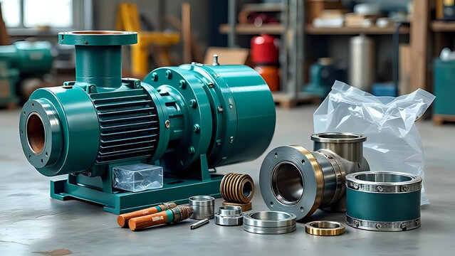 A green industrial pump with metallic components and tools is showcased in a workshop setting with shelves in the background