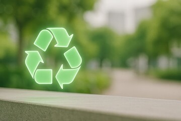 Bright green recycling icon floating outdoors in urban park background, symbolizing sustainability,...
