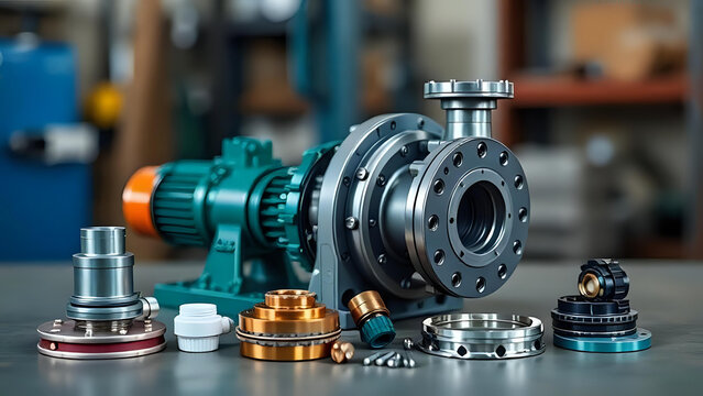 A green industrial pump with a metallic front and various components are arranged on a dark surface in a workshop