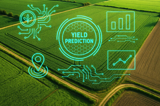 Green agricultural fields with futuristic digital overlay agriculture technology