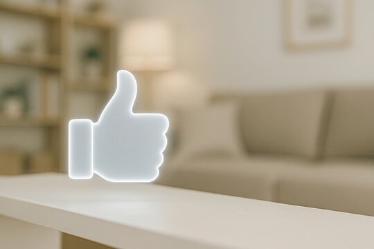 Neon white thumbs up icon in living room setting, representing digital approval, likes and social engagement