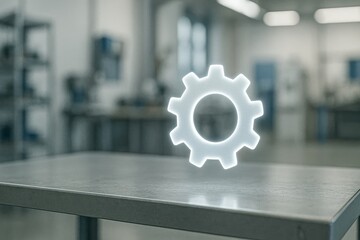 Glowing gear symbol floating above metal table in workshop, representing settings, tools and...