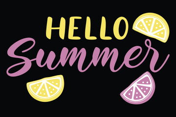 Hello Summer Vector Illustration – Colorful Citrus Fruit Design on Black Sunny Holiday Background