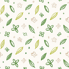Seamless Hand-Drawn Floral and Leaf Pattern in Crayon Style