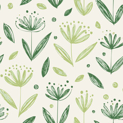 Seamless Hand-Drawn Floral and Leaf Pattern in Crayon Style