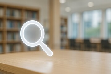 Magnifying glass icon over table with blurry background, used for concepts of digital search, research, or discovery