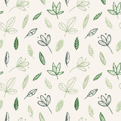 Seamless Hand-Drawn Floral and Leaf Pattern in Crayon Style