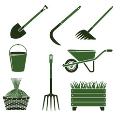 A clean set of isolated gardening tools, including a shovel, spade, rake, and broom, for agriculture work