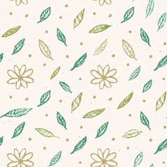 Seamless Hand-Drawn Floral and Leaf Pattern in Crayon Style