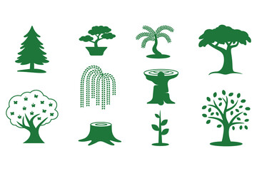 A set of vector trees illustrates nature's green ecology with diverse leaf and flower designs, symbolizing environmental growth