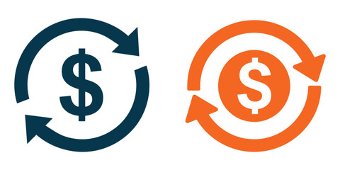 Refund and Money Transfer Icon – Dollar Symbol with Circular Arrows in Blue and Orange Vector