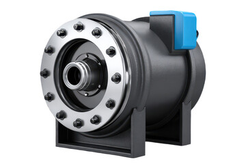 A robust industrial pump with a metallic flange, multiple bolts, and a blue control unit mounted on a solid frame.