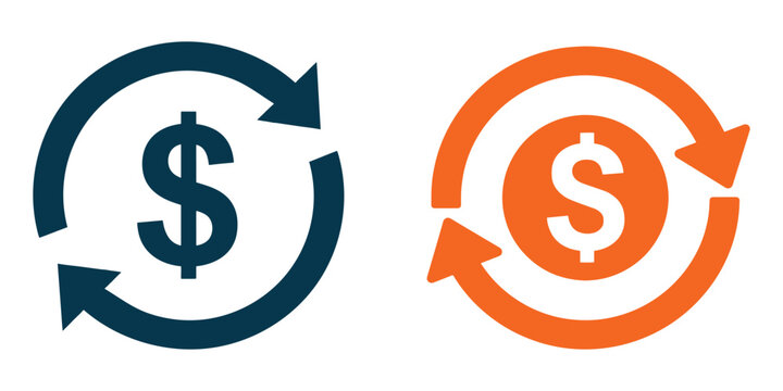 Refund and Money Transfer Icon &ndash; Dollar Symbol with Circular Arrows in Blue and Orange Vector