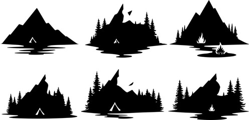 "Mountain Camping Silhouettes: Adventure Under the Stars"