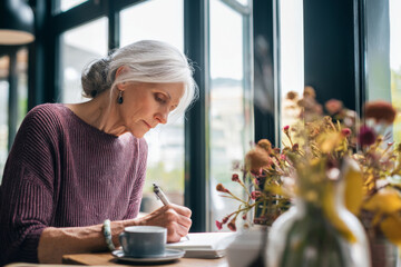 An elderly Caucasian woman reflects in a journal during her lunch break, writing about achievements and office memories while sipping tea and enjoying natural light from large windows