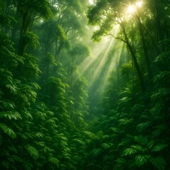 Sunlit Forest Canopy: Sunlight streams through the verdant canopy of a rainforest, illuminating the lush details of the vegetation below, creating a serene atmosphere of natural wonder.