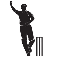 Cricket player silhouette, vector illustration, black and white, sports, graphic design.