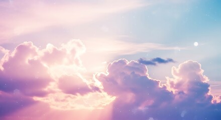 Fototapeta premium Dreamy pastel sky with fluffy clouds illuminated by sunlight, creating a soft, ethereal, and calming atmosphere.