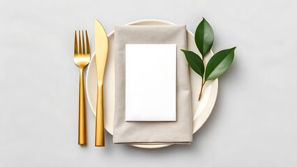 Blank Place Card on Napkin with Gold Cutlery and Leaf
