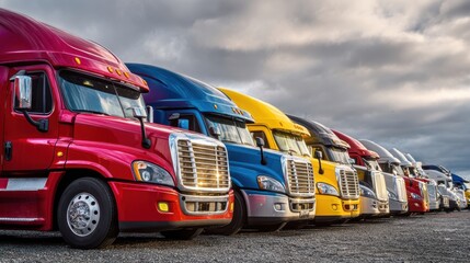 The lineup of colorful trucks parked against a dramatic cloudy sky.