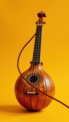 Unique musical instrument resembling a traditional sted instrument with a rounded wooden body, long neck, and a single tuning peg, set against a vibrant yellow background