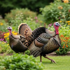 Two wild turkeys in a garden setting.