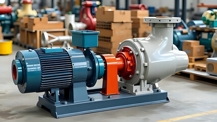 A robust industrial pump system with a blue electric motor and grey pump head securely mounted on a heavyduty base in a factory