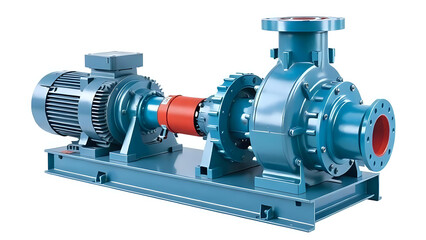 A blue industrial pump unit featuring a motor connected by a red coupling and mounted on a steel base ready for operation