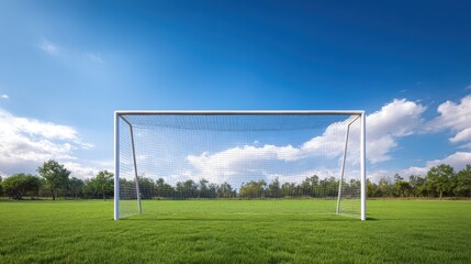 The soccer goal standing in a vibrant green field under a clear blue sky.