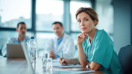 The doctor listening intently during a medical team meeting in modern office.