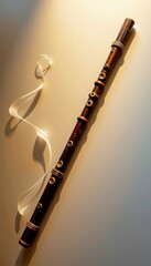 Traditional wooden flute with decorative finger holes lying on a smooth surface with soft lighting and a flowing ribbon, captu an artistic musical instrument shot