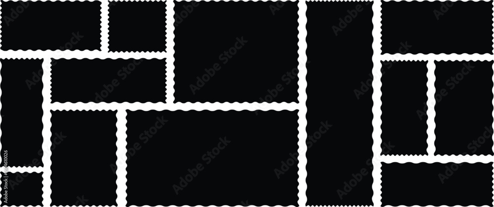 Poster black silhouette scalloped frames. geometric shapes stickers with zigzag wavy edge. set of frames wi