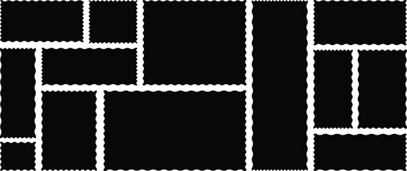 
Black silhouette scalloped frames. Geometric shapes stickers with zigzag wavy edge. Set of frames with zigzag edge, scallop edge shapes.