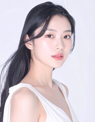 Fototapeta premium 日本人, 超リアル, 美しい若い女性, 長い黒髪, 自然なメイク, 白いキャミソール, 肌が輝くクローズアップ, 柔らかなライティング, 美容広告風, スタジオ背景（白）, 高解像度 Japanese, ultra-realistic, beautiful young woman, long black hair, natural makeup