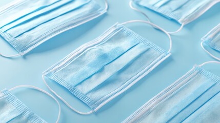 The assortment of blue medical masks laid out on a soft backdrop.