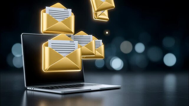 Golden envelope laptop email icons flying out of screen symbolizing digital communication message technology network data transfer electronic