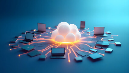 Glowing cloud icon connected to multiple devices, cloud computing concept