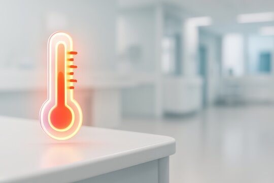Neon medical thermometer icon in sterile hospital interior &ndash; digital temperature monitoring and healthcare technology