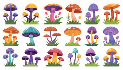 A seamless pattern of diverse flowers and a charming cartoon red toadstool mushroom in grass