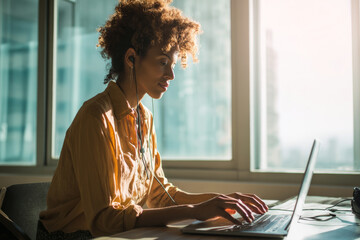 A young Black businesswoman types diligently by a window, earbuds in, exuding focused determination as she composes a detailed company report.