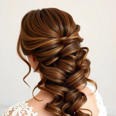 Fototapeta premium Detailaufnahme einer eleganten Brautfrisur mit langen, geflochtenen Locken – von hinten aufgenommen, stilvoll und romantisch.