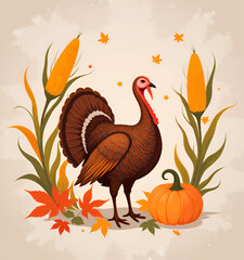 Naklejka premium Autumn Harvest Turkey with Corn and Pumpkin