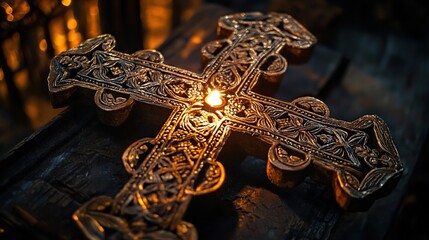 Ornate Cross with Candlelight
