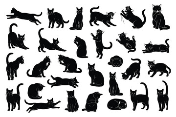 Collection of Silhouette Cats in Different Poses. Black Cats Isolated on White Background. Vector Illustration of Various Cat Activities